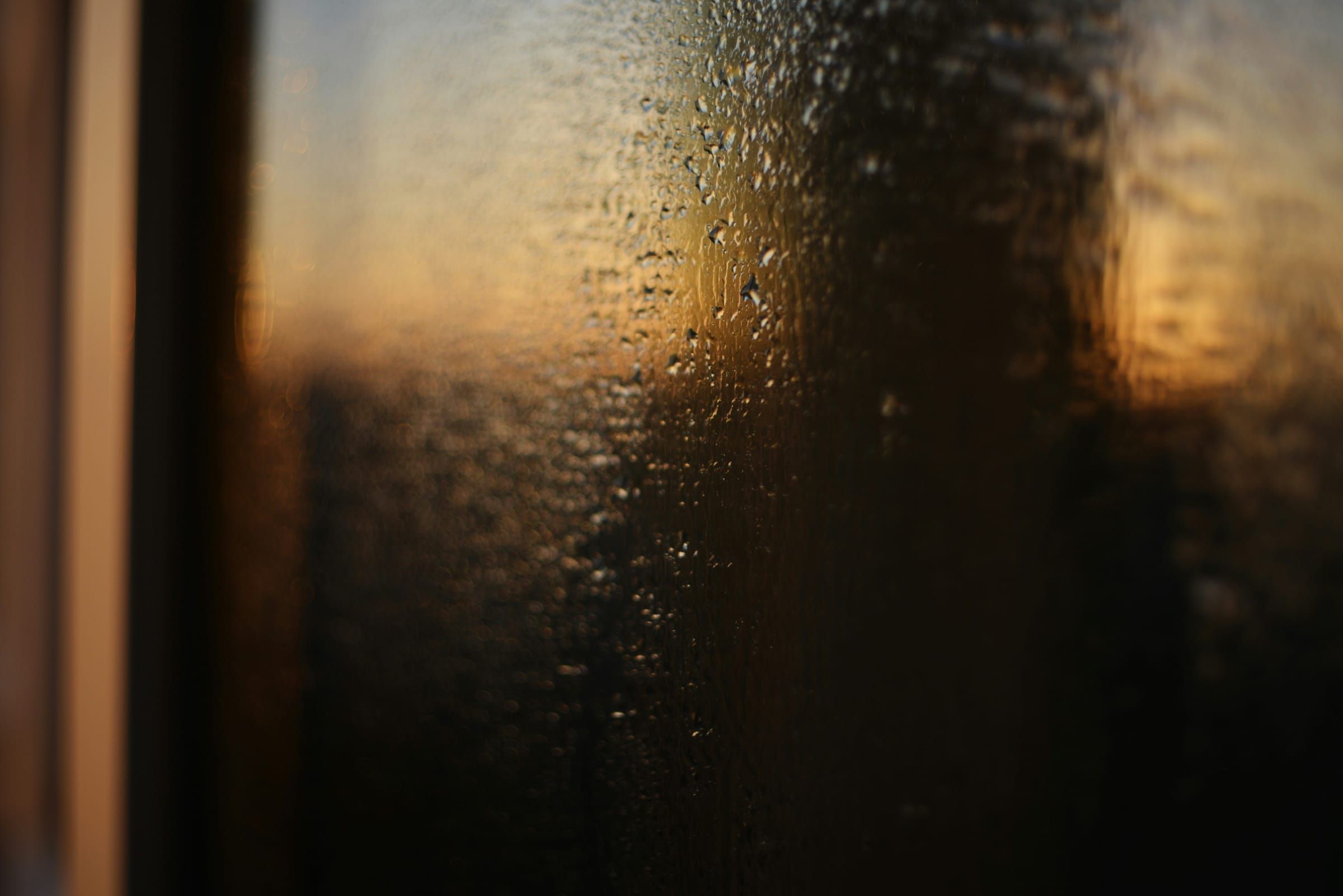 Condensation on the inside of a window at dusk